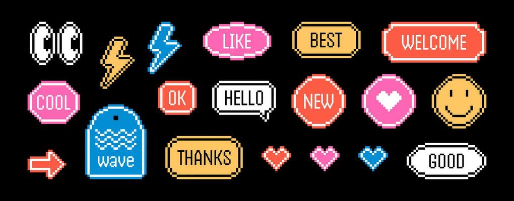 Y2k retro pixel art sticker pack. Smile, eyes and cool badge element. Vector illustration on a black background.