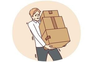 joven cansado que lleva una pila de cajas. portador masculino agotado con pila de paquetes de cartón. concepto de entrega. ilustración vectorial vector