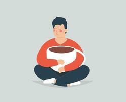 Happy man embraces sits in lotus yoga pose and embraces a big cup of coffee. Young guy with closed eyes holds a mug of cafe or cacao with enjoyment. Concept of body positive and caffeine lovers. vector