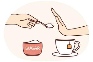 Person say no to sugar in tea or coffee. Man or woman make hand gesture refuse from sweet additives follow healthy lifestyle. Vector illustration.