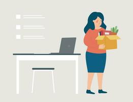 Sad woman gets fired from her office, holds a box with personal things. Dismissed employee quitting her workplace. Concept of unfair expulsion, arbitrary expulsion, Reduction of staff resignation. vector