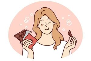 Happy young woman eating chocolate. Smiling girl feel joyful enjoy sweet bar or sugar dessert. Vector illustration.