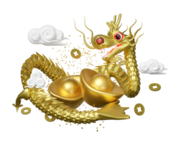 Chinese gold ingot with dragon, cloud, coin. chinese new year 2024 capricorn. 3d render illustration png