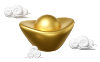 Chinese gold ingot with cloud. chinese new year. 3d render illustration png