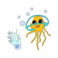 Cheerful jellyfish with bubbles and algae in the ocean. For posters, prints on clothes. Vector