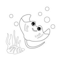 Coloring page Stingray fish with shells. Bubbles and algae in the ocean vector