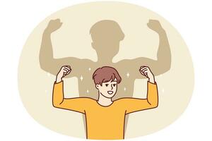 Smiling boy child show muscles dream of becoming big and strong. Happy kid imagine himself feeling strong and powerful. Vector illustration.