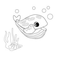 Coloring book Striped whale with shells, bubbles and algae in the ocean. For posters, prints on clothes. vector