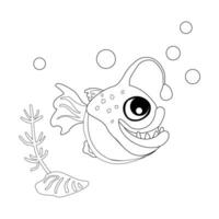 Coloring book Angler fish with shells, bubbles and algae in the ocean. For posters, prints on clothes. vector