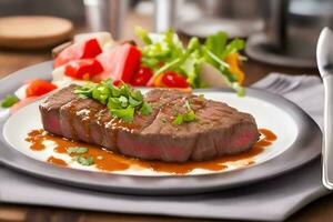 AI generated picture of beef steak on the table, looks delicious and tempting. AI generated photo