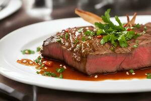 AI generated picture of beef steak on the table, looks delicious and tempting. AI generated photo