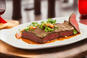 AI generated picture of beef steak on the table, looks delicious and tempting. AI generated photo