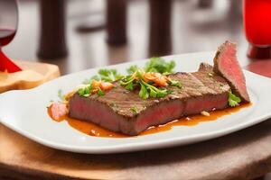 AI generated picture of beef steak on the table, looks delicious and tempting. AI generated photo