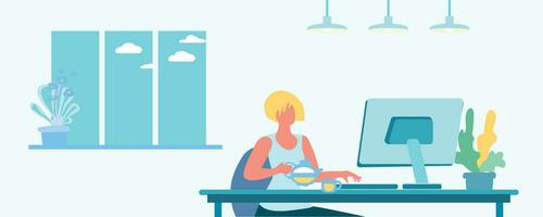 Female student at the computer, remote work, freelancing, cartoon flat vector illustration