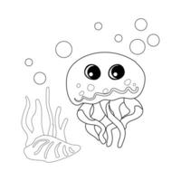 Coloring book Cute octopus with shells, bubbles and algae in the ocean. For posters, prints on clothes. vector