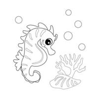 Coloring book Seahorse with shells, bubbles and algae in the ocean. For posters, prints on clothes. vector