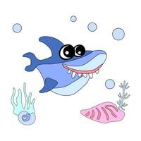 Cute shark with shells, bubbles and algae in the ocean. For posters, prints on clothes. vector