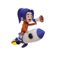 3D girl character riding a rocket and holding megaphone png