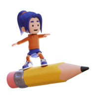 3D girl character standing riding a pencil png