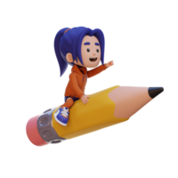 3D girl character riding a pencil and pointing hand png