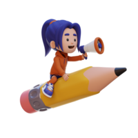 3D girl character riding a pencil and holding megaphone png
