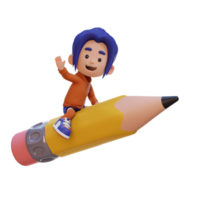 3D girl character riding a pencil and waving hand png