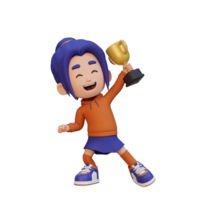 3D girl character celebrating win holding a trophy png