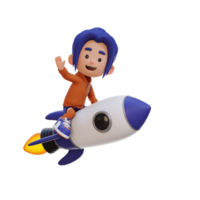 3D girl character riding a rocket and waving hand png