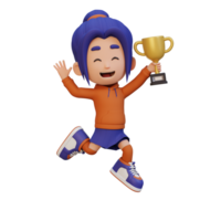 3D girl character celebrating win holding a trophy png