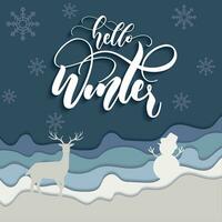 Blue winter landscape paper art poster Vector illustration