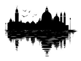 Silhouette of Venice skyline and architecture with gondola on the water. Silhouette vector illustration