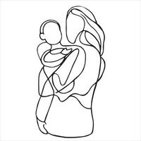 abstract linear drawing of a woman holding a child in her arms. motherhood theme, outline vector illustration