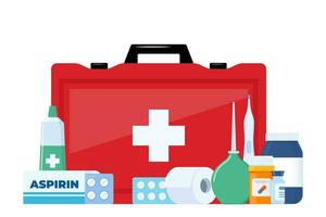 First Aid Kit for ambulance emergency, vehicle, office, travel. Medical help items. Plasters, pills, bandage, aspirin, thermometer. Elements for medical infographics. Vector illustration.