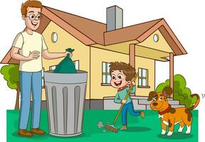 Vector illustration of father and kids cleaning the house with a garbage can and a dog.