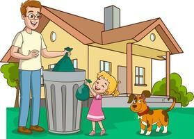 Vector illustration of father and kids cleaning the house with a garbage can and a dog.