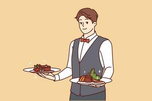 Man waiter holds plates of desserts and invites you to go to gourmet restaurant, dressed in vest and bow tie. Guy works as waiter in hotel and takes out food prepared by chef for banquet visitors vector