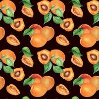 Watercolor whole and segment apricots seamless pattern isolated on dark. Orange fruits illustration. Peach, leaves, nectarine hand drawn. Design element for package, wrapping, textile, background vector