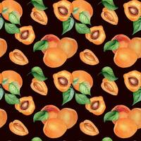 Watercolor whole and segment apricots seamless pattern isolated on dark. Orange fruits illustration. Peach, leaves, nectarine hand drawn. Design element for package, wrapping, textile, background vector