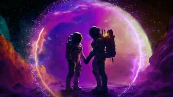 ai gegenereerd twee astronauten staand in voorkant van een Purper en blauw ruimte achtergrond video