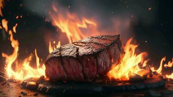 ai generiert ein Steak ist auf Feuer im das Hintergrund video