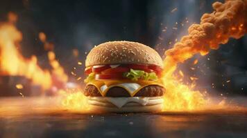 ai generiert ein Hamburger ist Sein gekocht im ein Feuer video