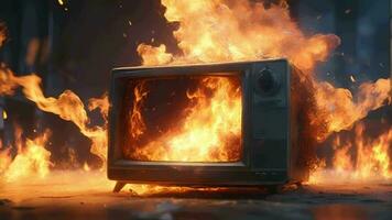 AI generated a television set on fire with flames video