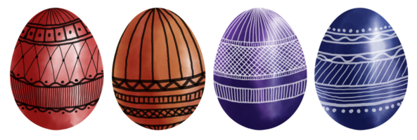 Set of watercolor Easter eggs with geometric pattern. Collection of Hand drawn colored Easter eggs with ornament on transparent background png