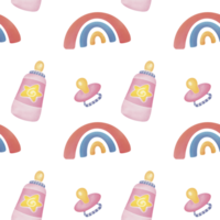 cute Newborn girl set with blue pink pacifier, Milk bottle, rainbow. Hand drawn watercolor seamless pattern on transparent background. concept of caring for babies, parenthood and childhood png