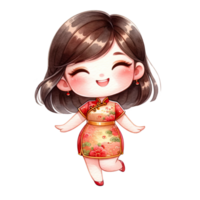 AI generated Watercolor Chinese girl wear red qipao dress for lunar new year png