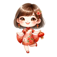 AI generated Watercolor Chinese girl wear red qipao dress for lunar new year png