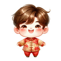 AI generated Watercolor Chinese boy wear red changshan suits for lunar new year png