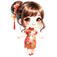 AI generated Watercolor Chinese girl wear red qipao dress for lunar new year png