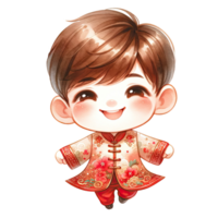 AI generated Watercolor Chinese boy wear red changshan suits for lunar new year png