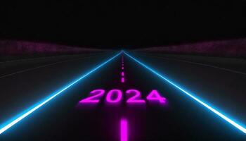 AI generated Happy New Year 2024 neon. 2024 on the road. photo